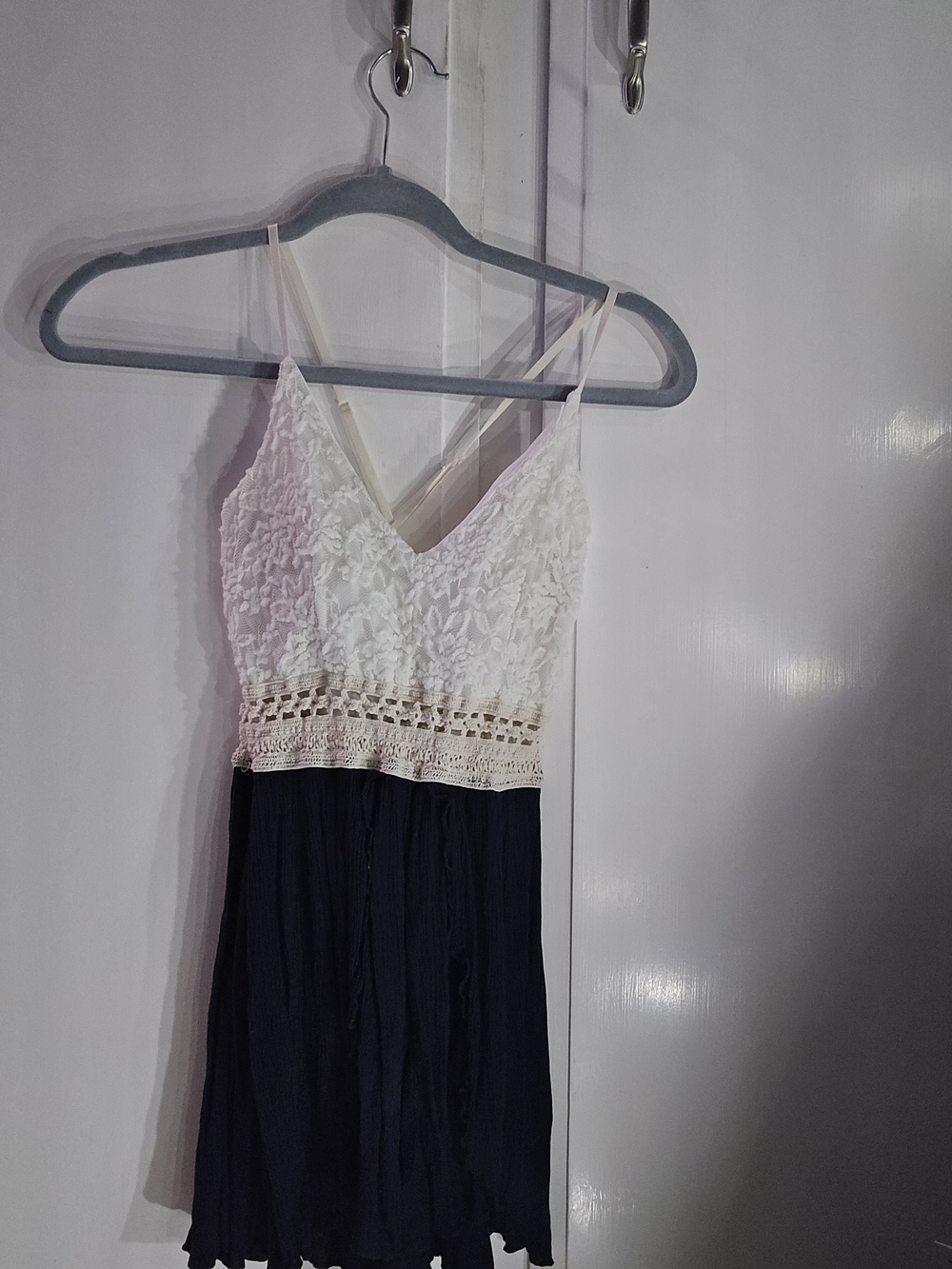 Chocolate White Lace & Navy Pleated Romper Sleeveless, Crochet Waist